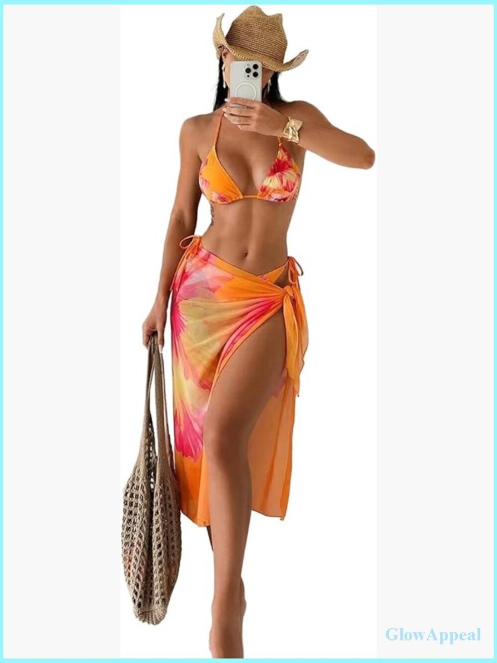 3 Piece Bikini Set with Sarong Coverup Triangle Top Adjustable Halter Tie Side